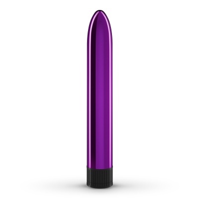 Vibrador cilíndrico roxo metálico com base preta