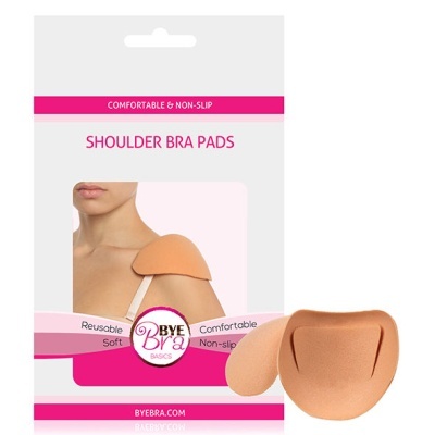 Almofadas para ombros de soutien bege em embalagem branca e rosa