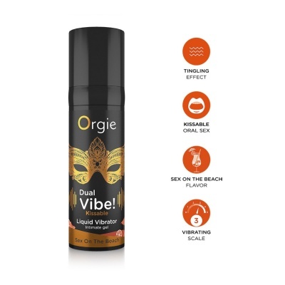 Gel íntimo líquido Orgie Dual Vibe Kissable em embalagem preta com máscara dourada
