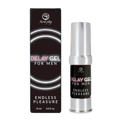 Gel para atraso para homens em frasco preto com tampa prateada e caixa preta com texto