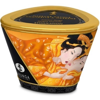 Vela perfumada Shunga Massage Candle com embalagem triangular e ilustração oriental
