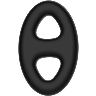 Produto preto oval com dois orifícios triangulares sobre fundo branco