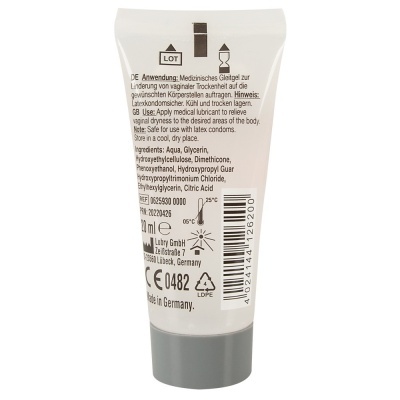 Frasco plástico branco com tampa cinza de gel lubrificante médico com texto e código de barras.