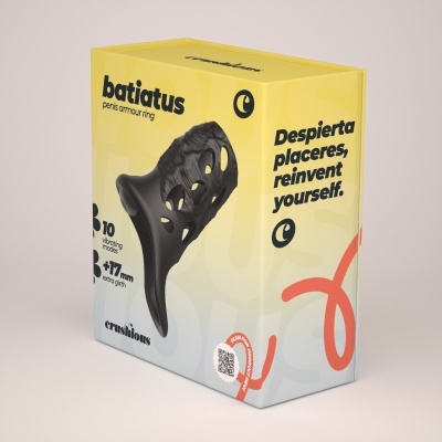 Embalagem amarela para batiatus penis armour ring com anel preto e texto informativo.