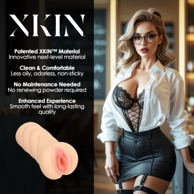 Anúncio com texto sobre material XKIN e modelo feminina vestindo lingerie preta e saia de couro