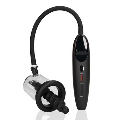 bomba de vácuo sexual masculina preta com controlador externo e cilindro transparente