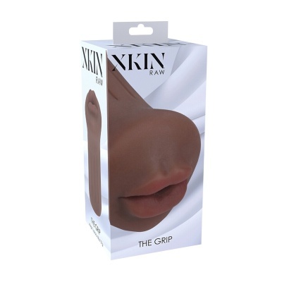Embalagem do produto XKIN RAW THE GRIP com acessório castanho em formato de lábios e nariz