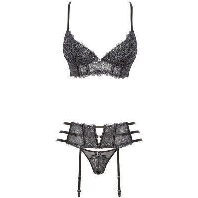 Conjunto de lingerie preto em renda com sutiã, cinta-liga e tanga