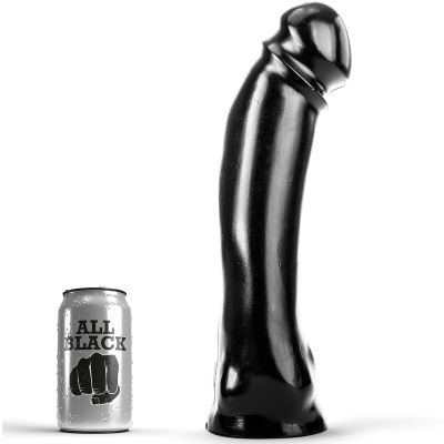 Objeto preto longo ao lado de lata prateada com texto ALL BLACK