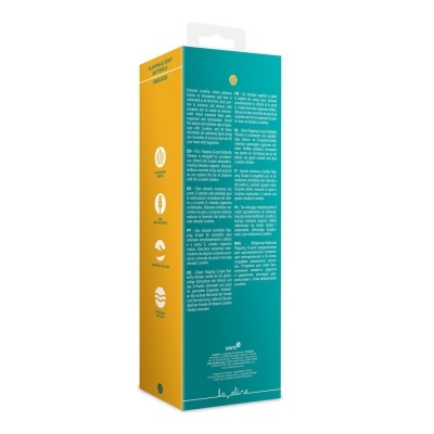Embalagem vibrador Loveline Flapping G-Spot Butterfly amarela e verde com texto e ícones