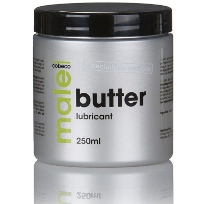 Frasco prateado com lubrificante male butter e tampa preta