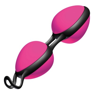 Dispositivo com duas esferas cor-de-rosa ligadas por faixa preta