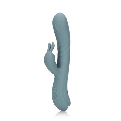 Vibrador azul em silicone com duas pontas e três botões na base
