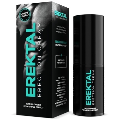 Caixa e frasco preto de creme EREKTAL Erection Cream com texto azul e branco
