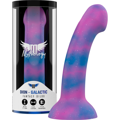 Dildo fantasia rosa e azul em padrão galáxia com embalagem preta e rótulo branco.