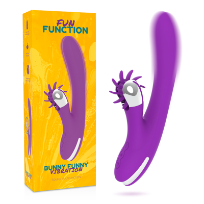 Vibrador roxo com detalhes brancos e caixa amarela com texto