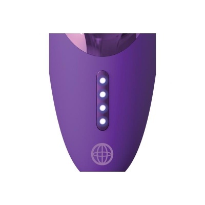 Dispositivo roxo com quatro luzes LED e ícone de globo