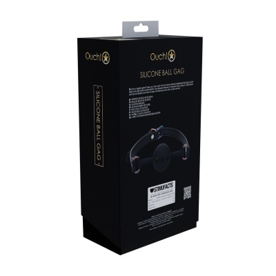 Embalagem preta com imagem de silicone ball gag preto e texto Ouch! SILICONE BALL GAG