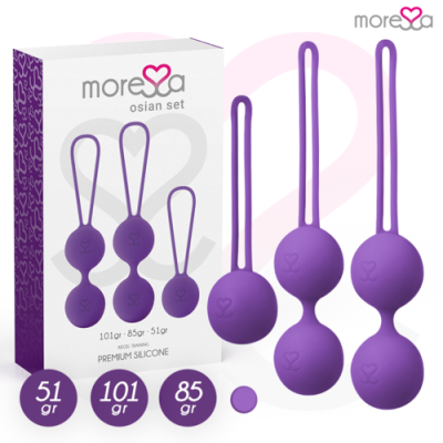 Conjunto de bolas de treino Kegel roxas em silicone com embalagem branca e roxa