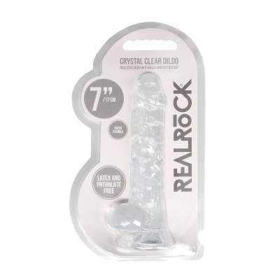 Dildo transparente embalado com texto e marca REALROCK