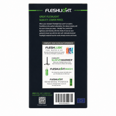 Embalagem preta com texto branco e verde da marca FLESHLIGHT e código de barras