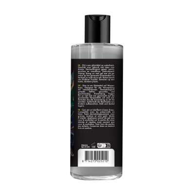 Frasco de gel lubrificante à base de água com tampa preta e etiqueta preta com texto multilíngue.