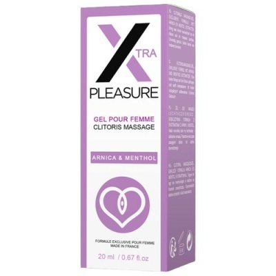Embalagem de gel para massagem íntima feminina Xtra Pleasure com texto e design lilás e branco