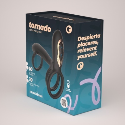 Embalagem preta e azul do produto tornado penis wingman com imagem do produto e texto em várias línguas