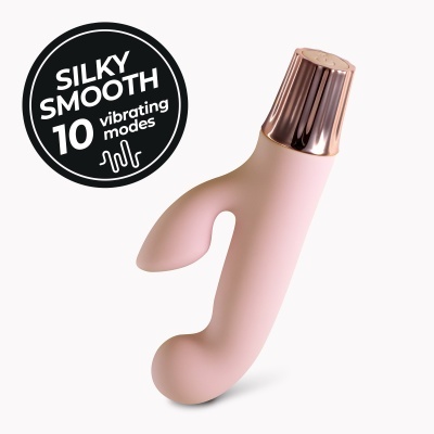 Vibrador rosa com acabamento dourado e texto SILKY SMOOTH 10 vibrating modes