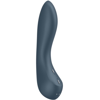 Vibrador azul escuro curvado com botões de controlo e ícones na base