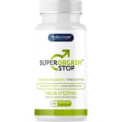 Frasco branco de suplemento alimentar SUPERORGASM STOP com rótulo em inglês e polaco