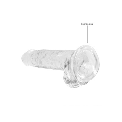 Dildo transparente com ventosa na base sobre fundo branco