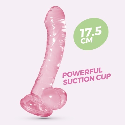 Vibrador rosa translúcido com ventosa e texto promocional.