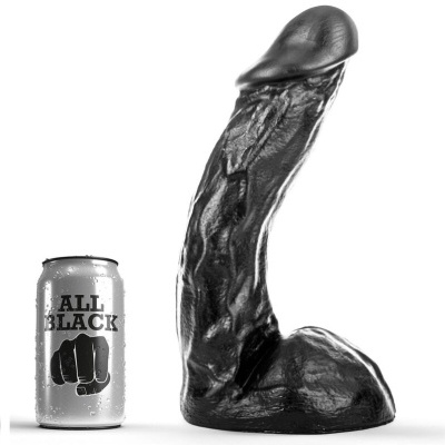 Objeto preto com textura anatómica e lata prateada com texto ALL BLACK e punho
