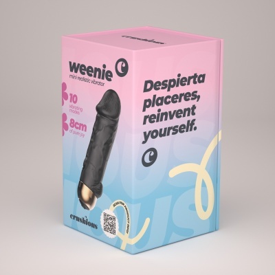 Embalagem cor de rosa e azul com vibrador mini realístico preto e texto em inglês e espanhol