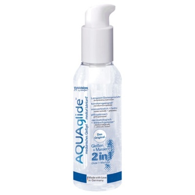 Frasco de lubrificante Aquaglide 2 in 1 com doseador branco e rótulo azul e branco