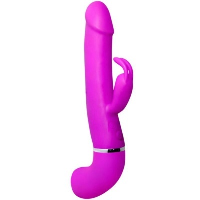 Vibrador cor-de-rosa em silicone com extensão de coelho