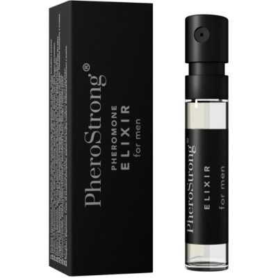 Frasco de elixir transparente com tampa preta ao lado da caixa preta com texto PheroStrong ELIXIR for men