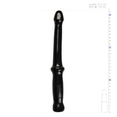 Objeto preto alongado com medidor e desenho de batom ao lado