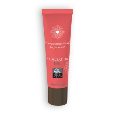 Frasco de gel cor-de-rosa vermelho com tampa castanha escura e textos em branco.