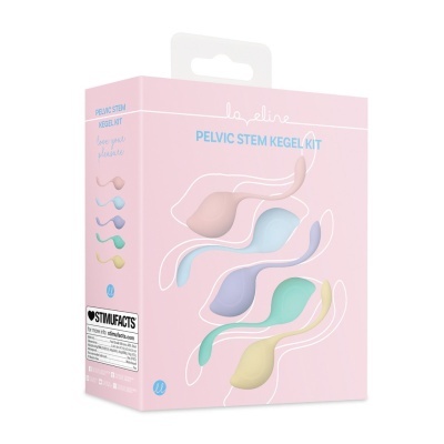 Produto kit para exercícios pélvicos em caixa cor-de-rosa com cores pastel