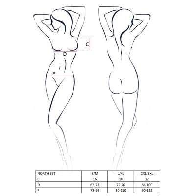 Ilustração de mulher com indicações para medidas C, D e F e tabela de tamanhos NORTH SET.