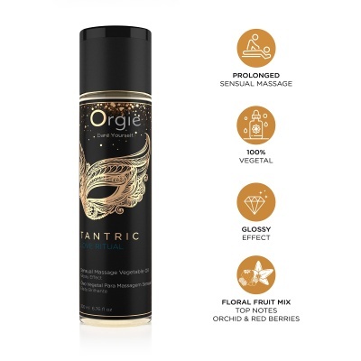Frasco preto de óleo para massagem com desenhos dourados e texto TANTRIC LOVE RITUAL