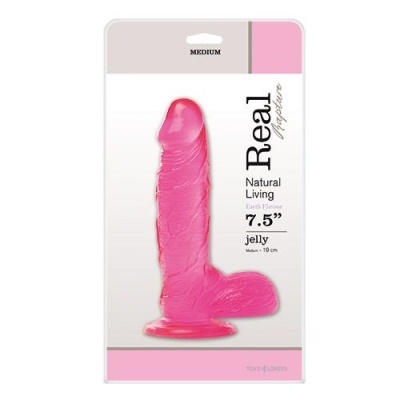 Plug anal cor-de-rosa de gelatina na embalagem branca e rosa com texto Real Capture