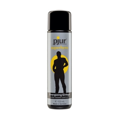Frasco de lubrificante à base de água pjur superhero com design cinzento e preto.