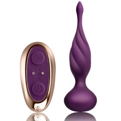 Vibrador roxo com textura ondulada e mando à distância rosa dourado