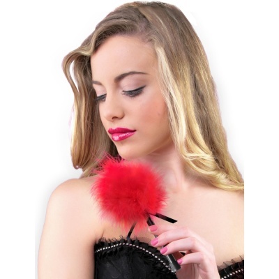 Mulher loira segurando vareta com bola de penas vermelhas