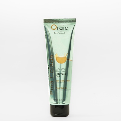 Tubo metálico de gel íntimo verde claro com tampa preta e texto variado