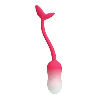 Dispositivo de silicone rosa e branco com base arredondada e topo em forma de barbatanas