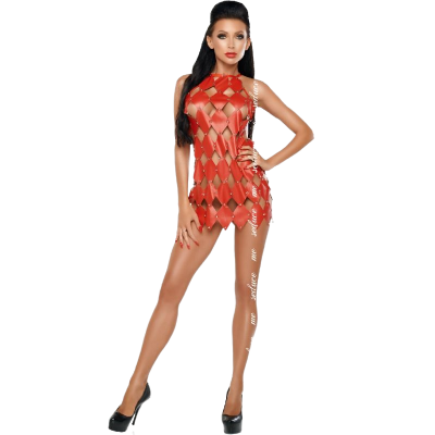 Vestido curto feminino vermelho de tiras entrelaçadas com padrão de losangos